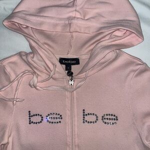 Bebe Pink Casual Hooded Jacket with Zipper and Rhinestone Detail
